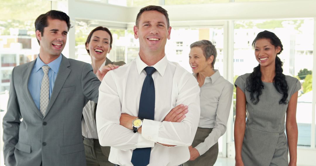 Diverse Corporate Team Smiling Confidently in Modern Office
