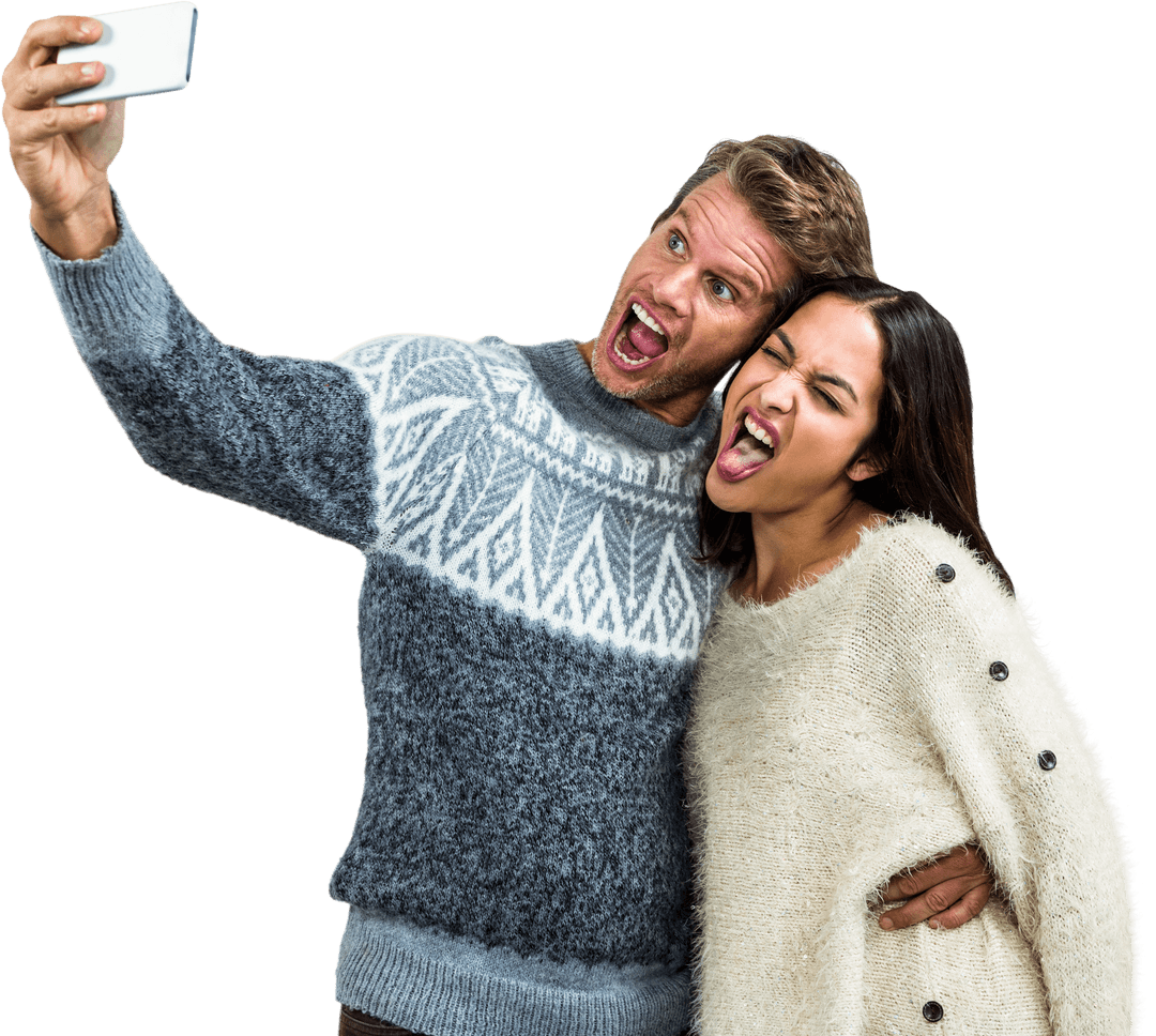 Playful Couple Taking Selfie with Transparent Background