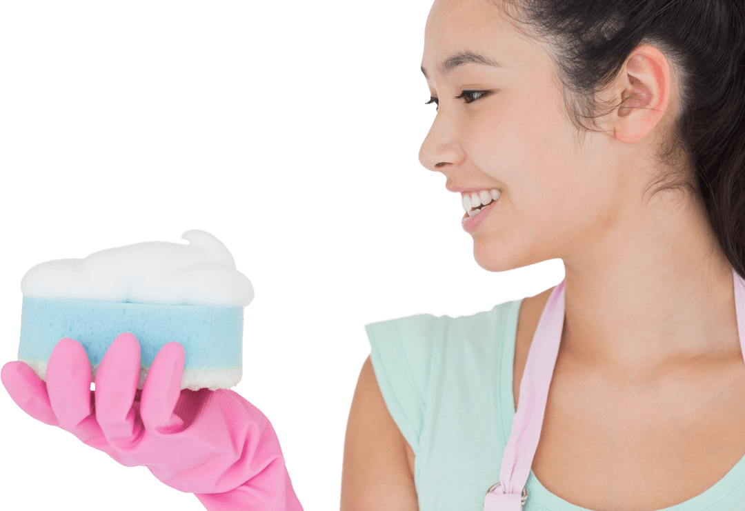 Smiling Woman Holding Transparent Cleaning Sponge with Foam