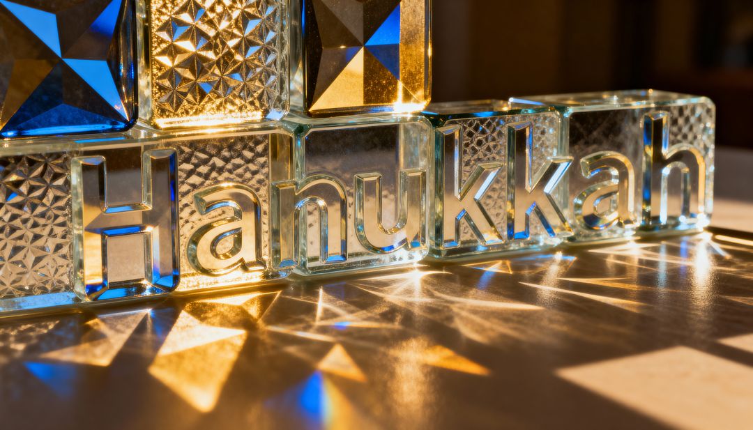 Glass block Hanukkah lettering casting blue and gold light with faceted refractions