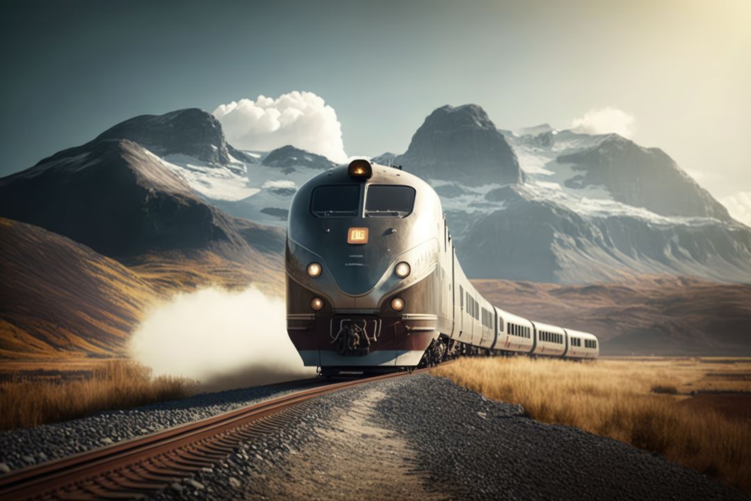 Image of modern train on tracks over mountains and blue sky, created using generative ai technology - Free Images, Stock Photos and Pictures on Pikwizard.com