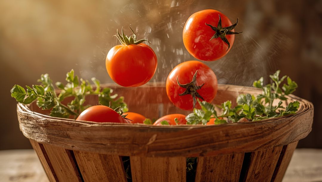Juicy Tomatoes and Fresh Herbs in Rustic Basket