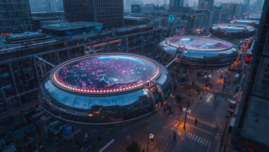 Futuristic Urban Transportation Pods Glowing at Dusk