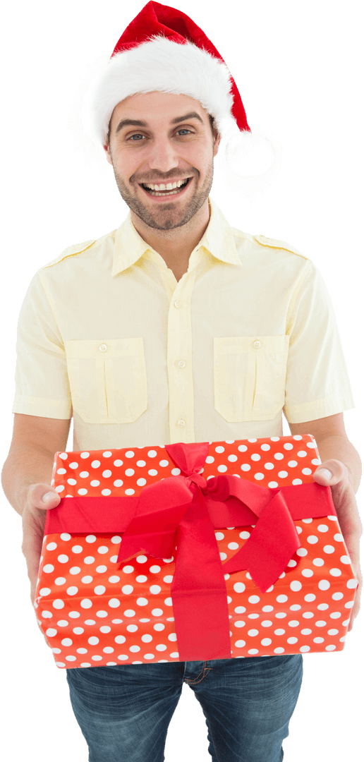 Smiling Man in Santa Hat Holding Polka Dot Gift on Transparent Background