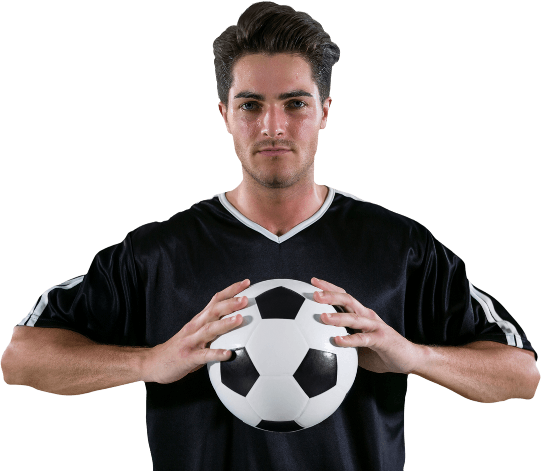 Determined Soccer Player Holding Ball Against Transparent Background