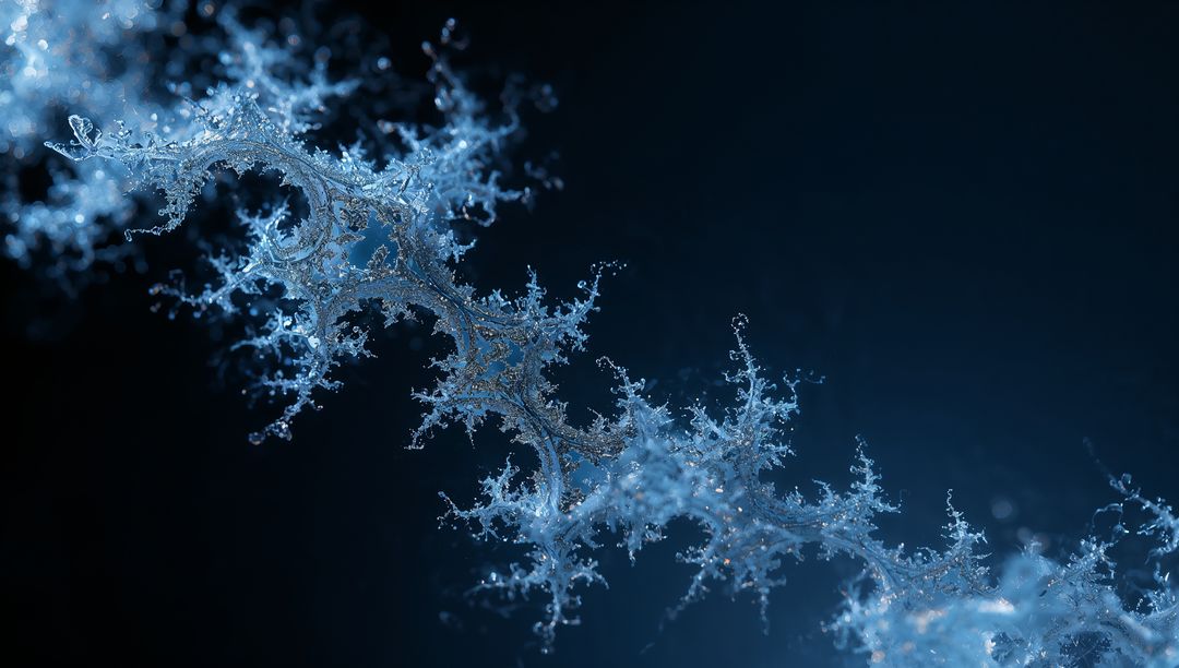 Shimmering Fractal Ice Chain with Spiky Filaments and Droplets on Blue Cyan Background