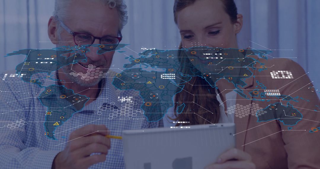 Business Professionals Analyzing Data with Global Map Overlay