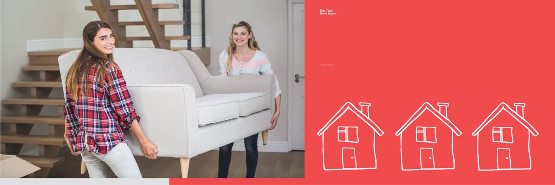 Women enjoying new home while moving stylish sofa