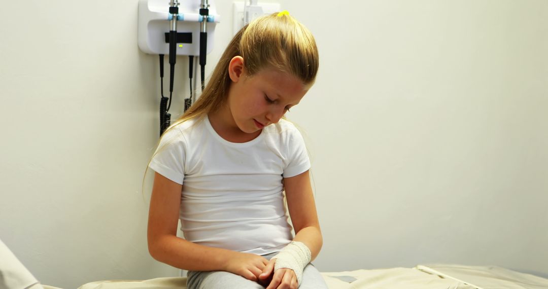 Young Girl Sitting in Clinic with Arm Bandaged - Free Images, Stock Photos and Pictures on Pikwizard.com