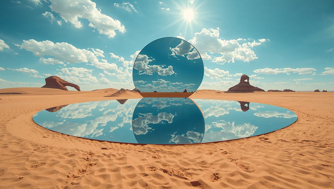 Surreal Desert Scene with Reflective Circle Mirrors Under Vibrant Sky