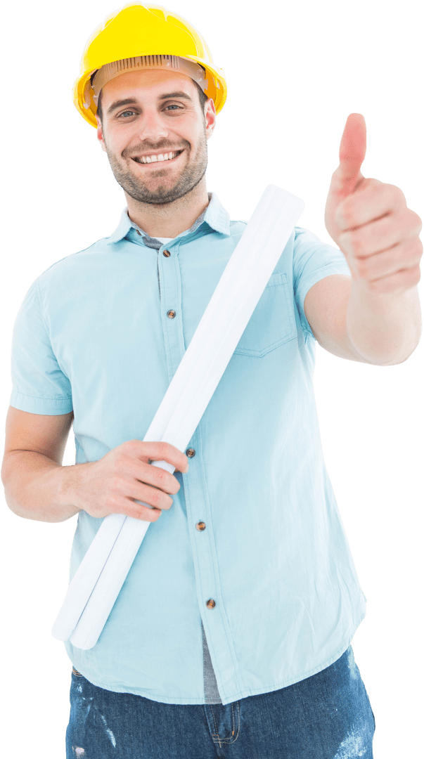 Cheerful Architect Holding Blueprint Giving Thumbs Up Transparent Design