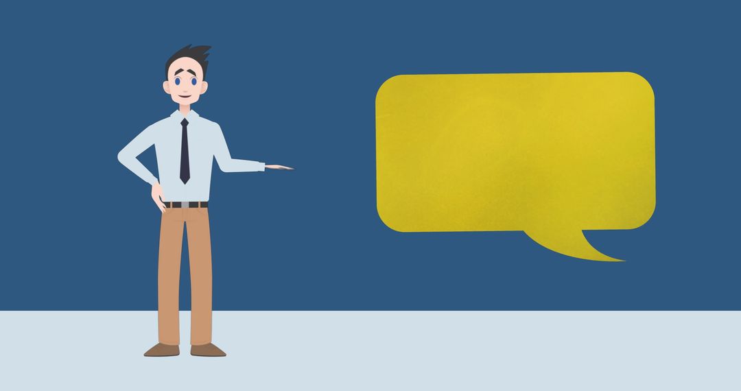 Businessman Presenting with Speech Bubble on Blue Background