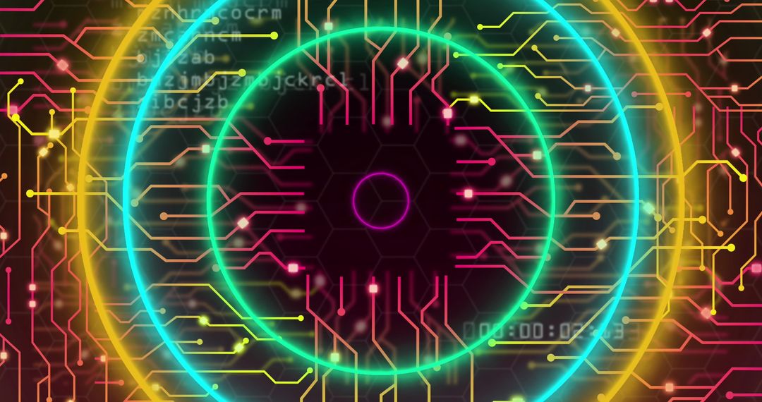 Neon Circles and Circuit Board Representing Digital Data Processing