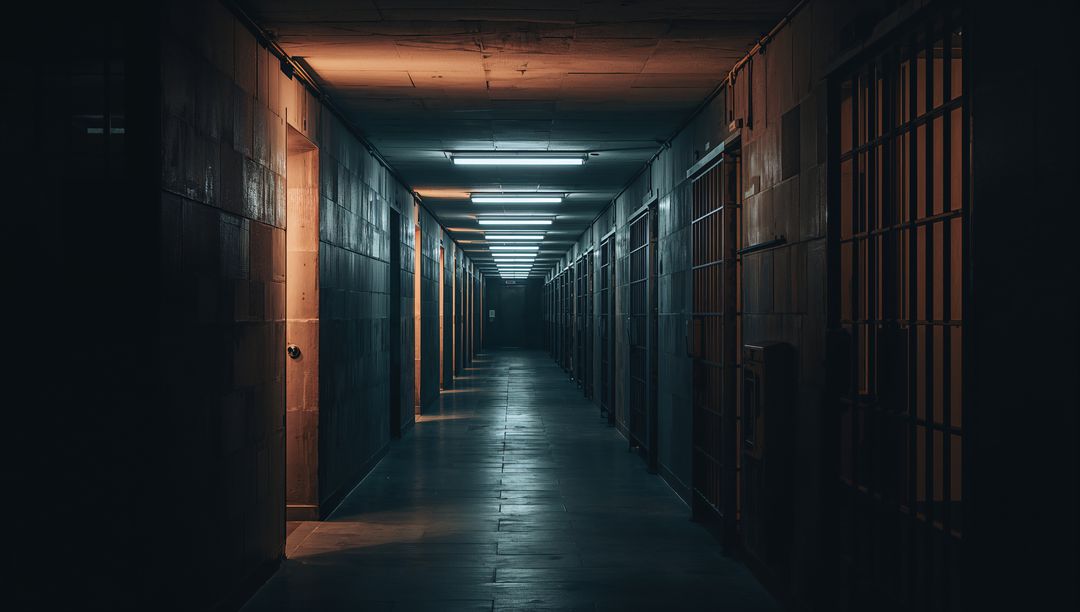 Dimly Lit Detention Corridor in Stark Institution