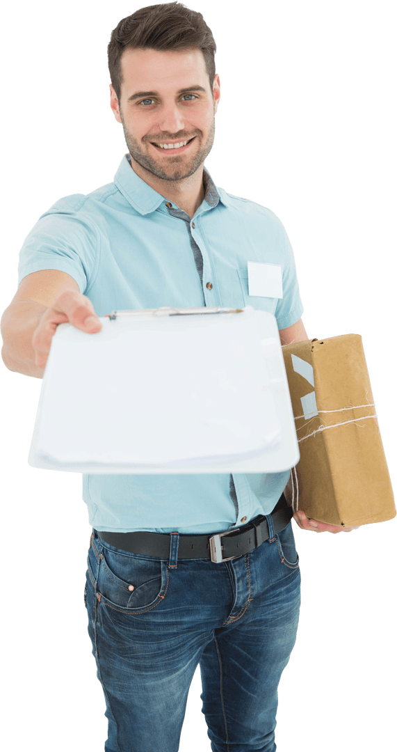 Transparent Delivery Man Offering Clipboard and Package