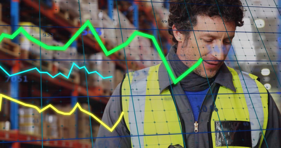 Warehouse Worker Inspecting Inventory with Data Visualization Overlay in Logistics Hub