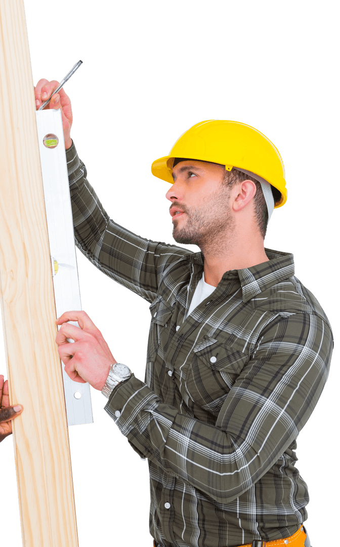 Carpenter Using Spirit Level on Transparent Wood Plank