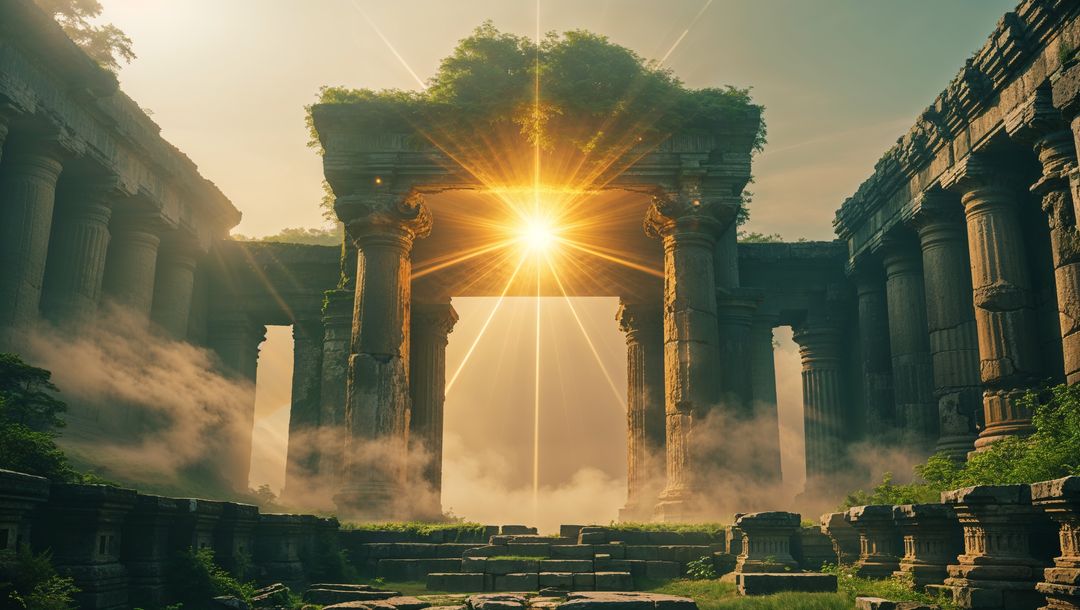 Golden sunlight shining through ancient god temple ruins