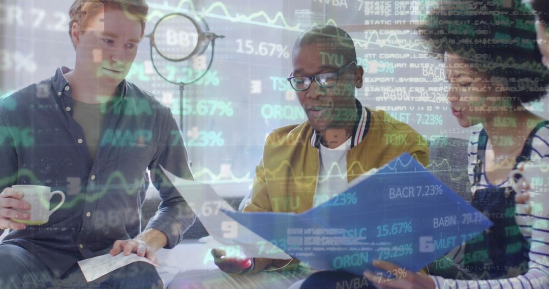 Diverse Team Collaborating with Digital Finance Data Overlay