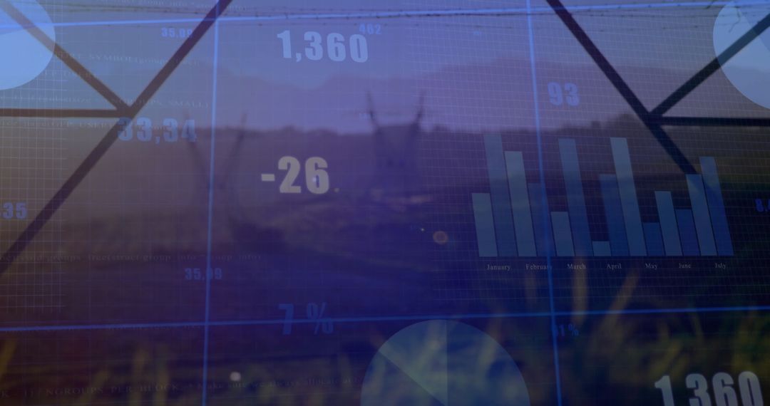 Futuristic Data Visualization on Evening Grassland Landscape