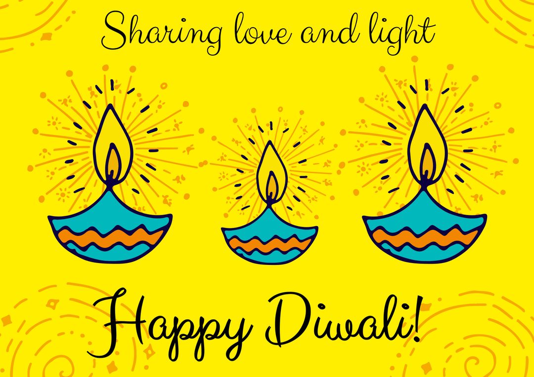 Diwali Greetings Card with Colorful Diyas on Yellow Background