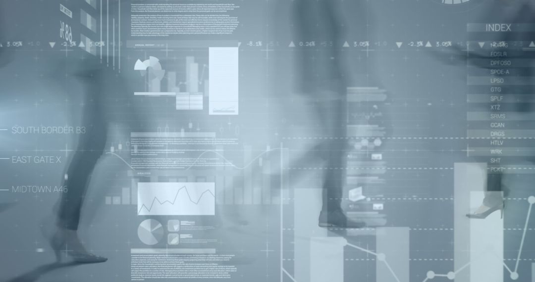 Abstract Financial Data Overlay with Silhouetted Figures in Motion - Free Images, Stock Photos and Pictures on Pikwizard.com