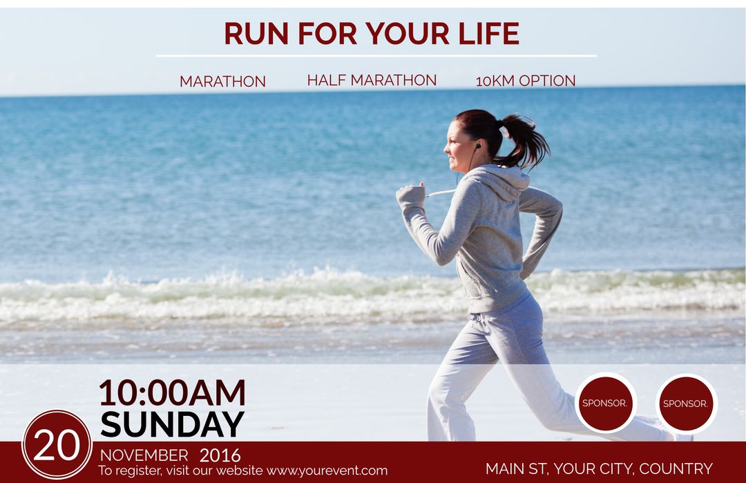 Running event promotion with focused jogger on beach