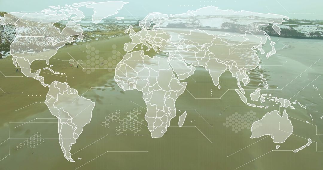 Digital World Map Overlaying Natural Landscape with Technology Interface