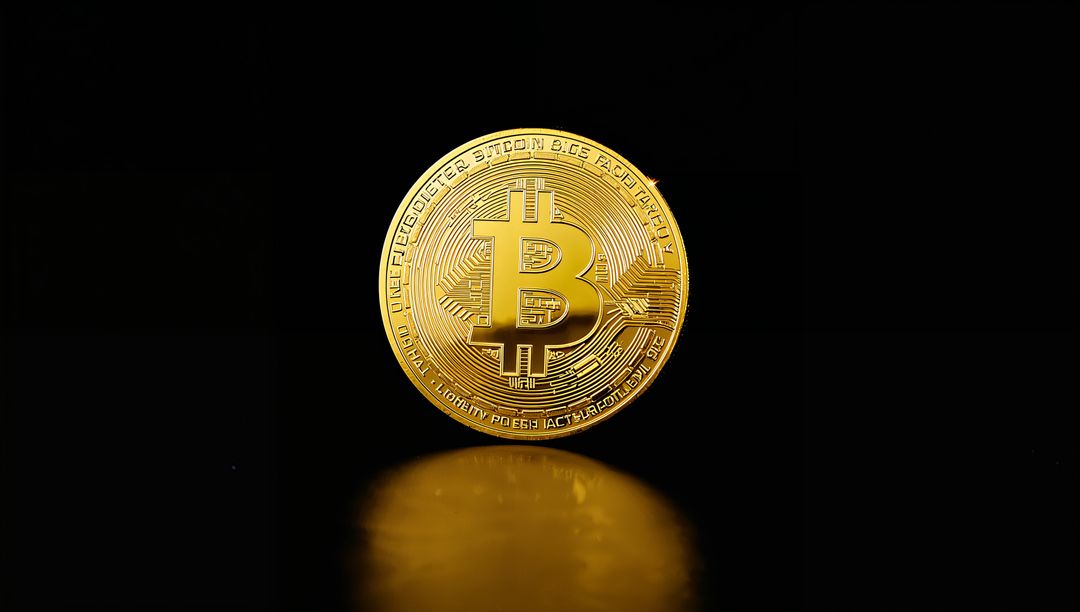 Shining Bitcoin Token Standing on Glossy Black Surface Casting Golden Reflection Minimalist