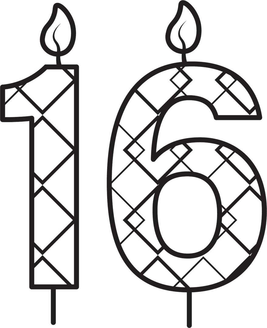 Black 16th Birthday Candles with Pattern on Transparent Background