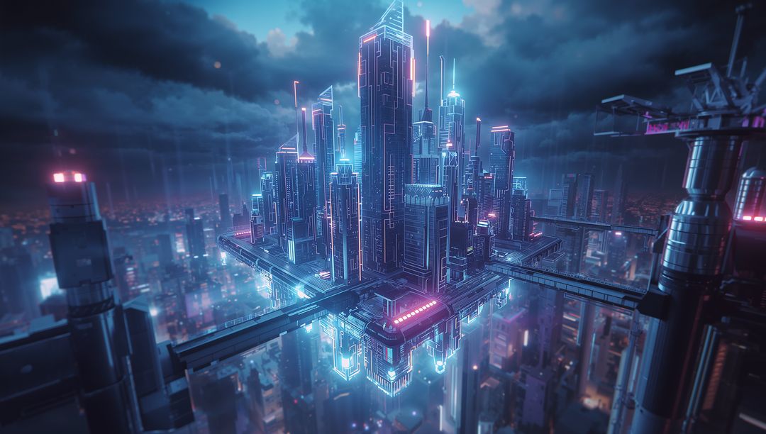 Futuristic Neon-Lit Hovering City Design Concept