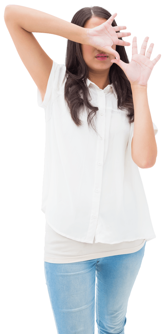 Transparent Woman Hiding Face in Fear Shows Protective Gesture