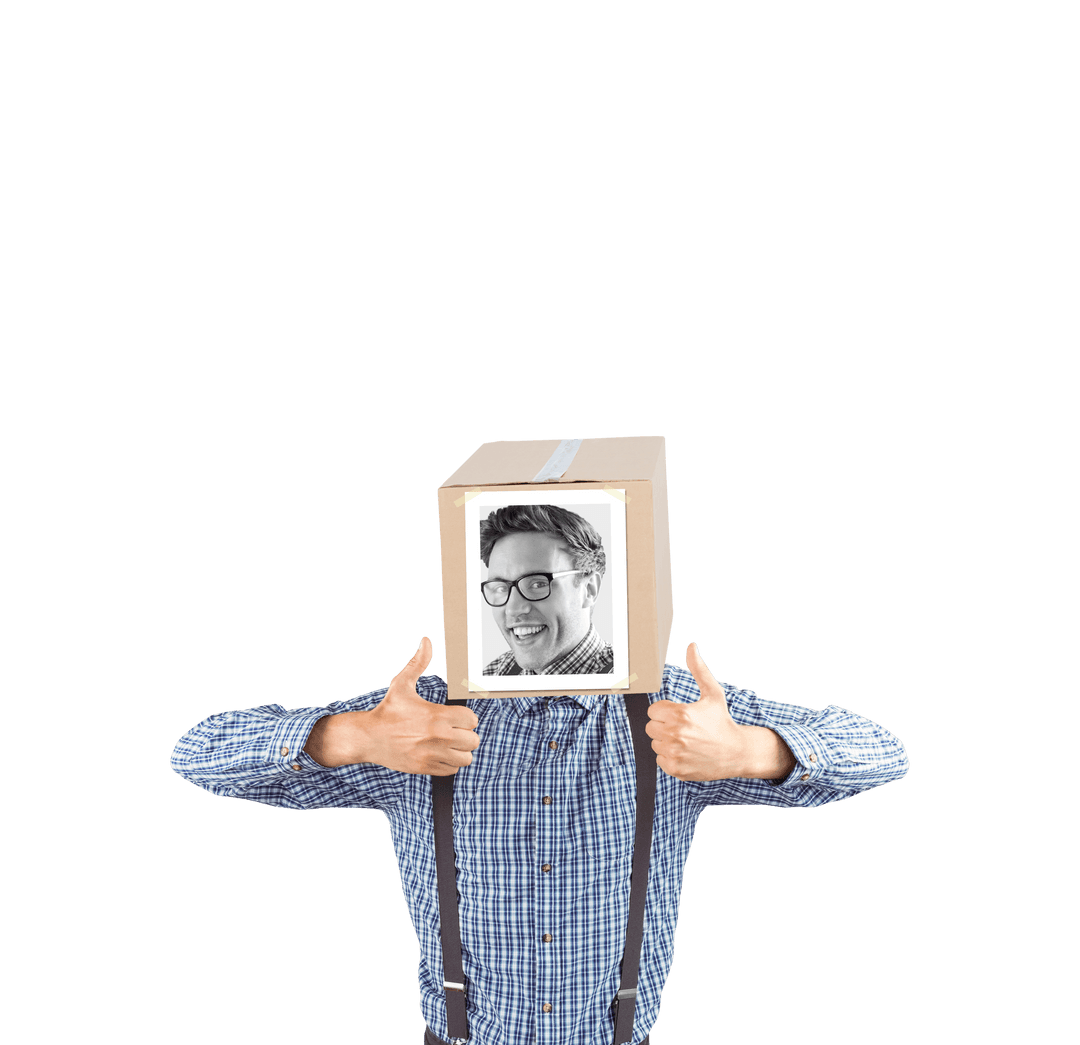 Transparent Box Head Concept on Happy Businessman Giving Thumbs Up