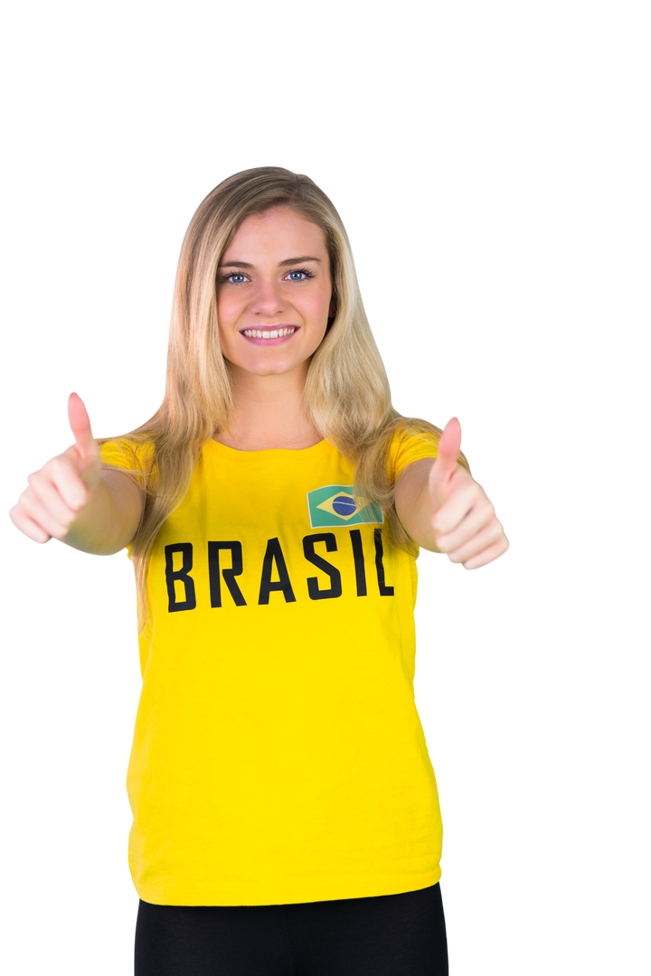 Smiling Woman in Brazil T-Shirt Giving Thumbs Up on Transparent Background - Download Free Stock Images Pikwizard.com