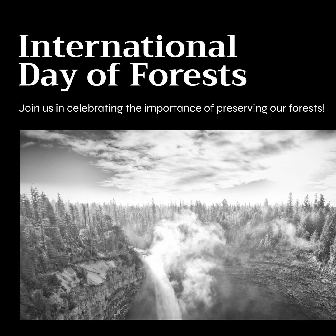 International Day of Forests Awareness Banner with Scenic Waterfall and Misty Spray - Download Free Stock Templates Pikwizard.com