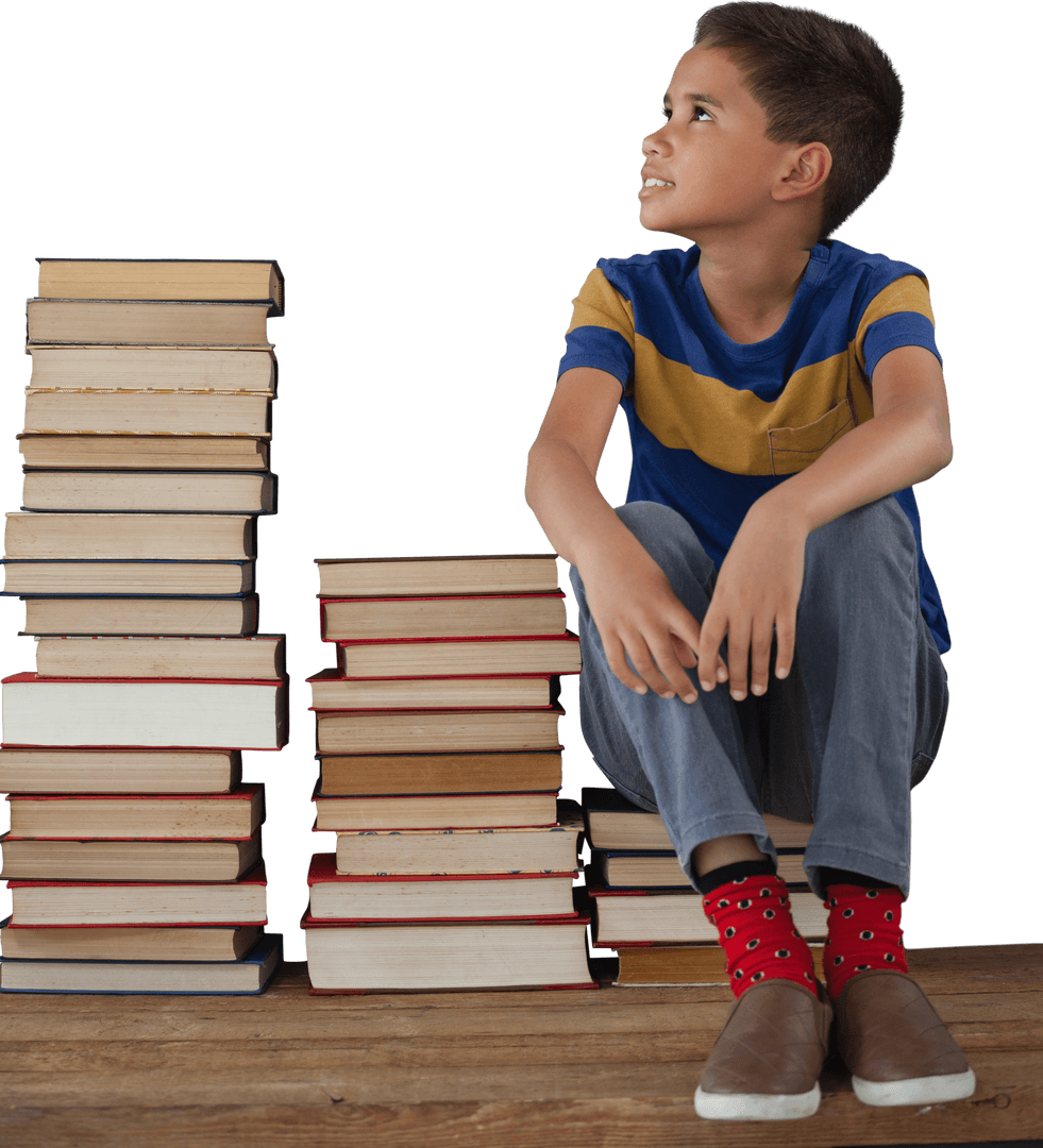 Thoughtful Boy Sitting by Stack of Books with Transparent Background