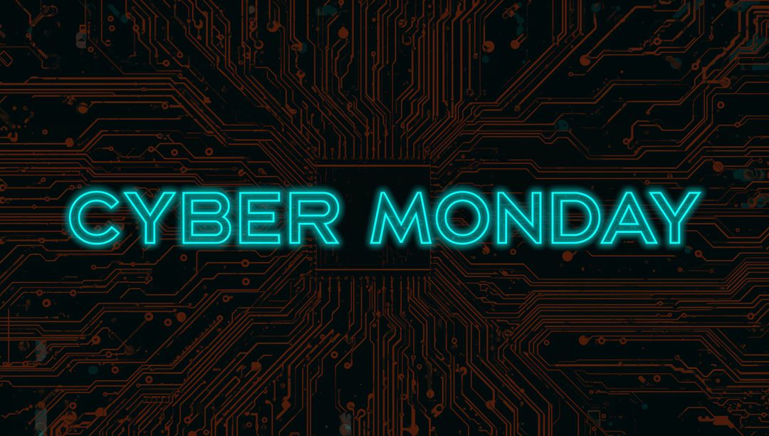Neon Teal Cyber Monday Banner Over Futuristic Circuitry and Microchip PCB Background Design