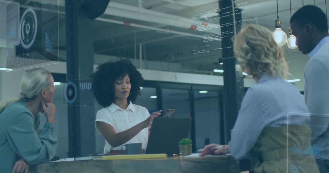 Innovative Business Team Analyzing Data with Technology Overlay