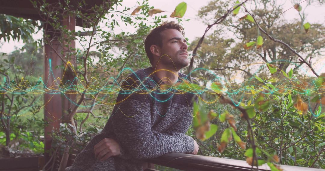 Contemplative Man on Porch with Digital Audio Waveform Overlay
