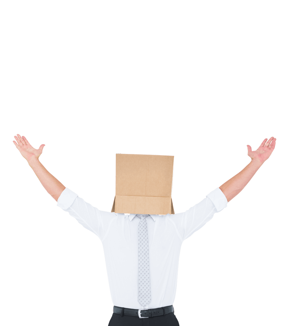 Caucasian Businessman with Box on Head on Transparent Background
