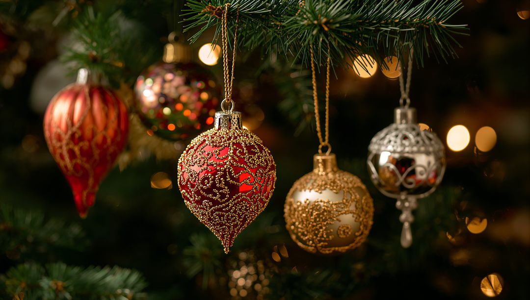 Elegant Christmas Baubles Adorning Pine Branch with Festive Charm