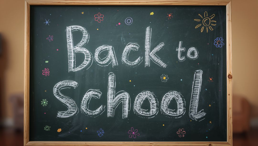 Back to School Chalkboard with Colorful Doodles in Classroom