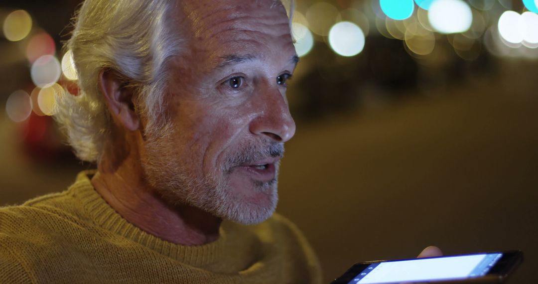 Senior Man Using Smartphone While Talking at Night with City Lights - Free Images, Stock Photos and Pictures on Pikwizard.com