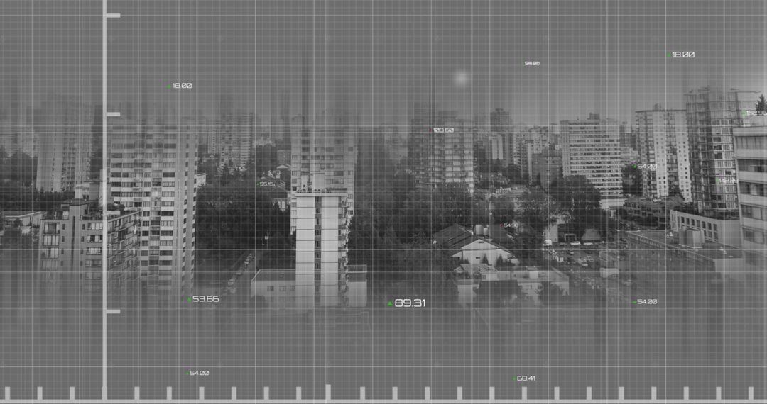 Futuristic Data Analysis Overlaid on Cityscape Aerial View