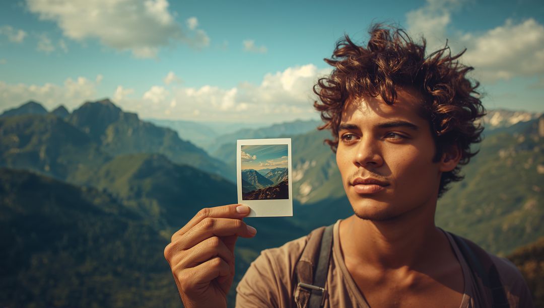 Hiker Holding Instant Print Overlooking Majestic Mountain Range