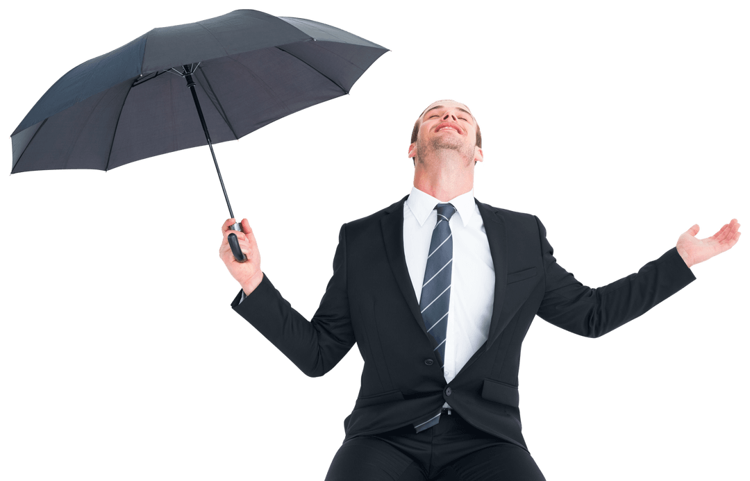 Joyful Businessman Under Transparent Umbrella Embracing Weather