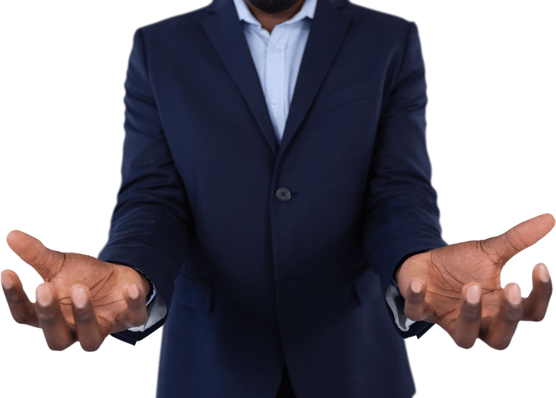 Transparent Businessman Gesticulating in Navy Suit and Open Hands
