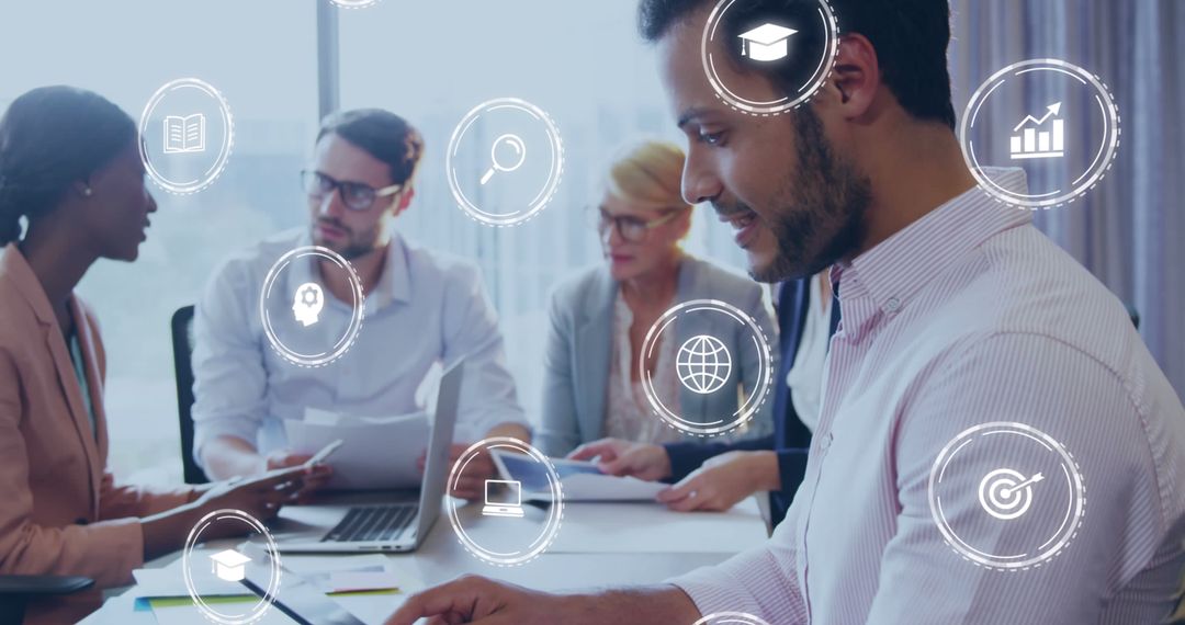 Diverse Business Team with Digital Data Icons Overlay