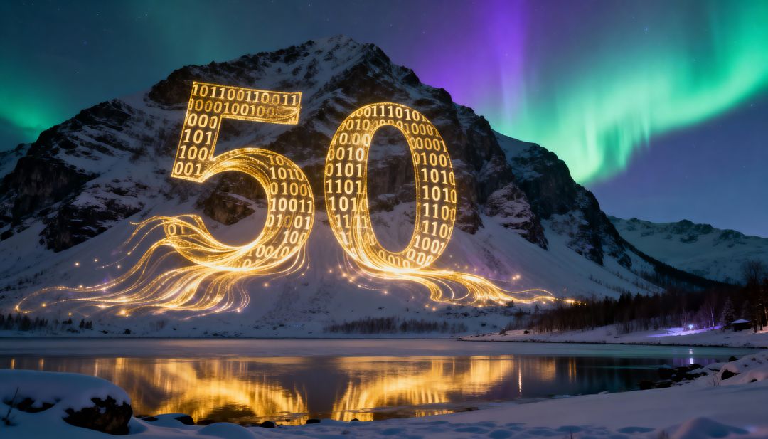 Glowing Binary 50 Sculpture Casting Golden Trails over Snowy Lake under Northern Lights