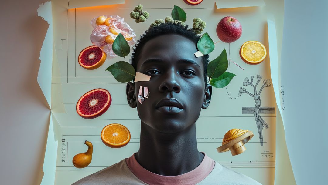 Artistic Portrait with Fruits and Geometric Elements